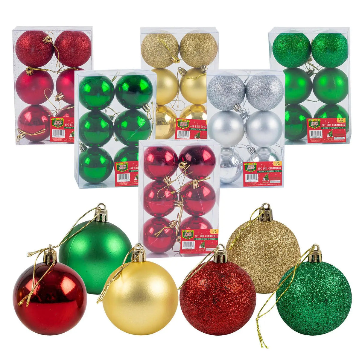 6pc Shiny Plastic 2.3'' Round Christmas Ball Ornaments Holiday Style