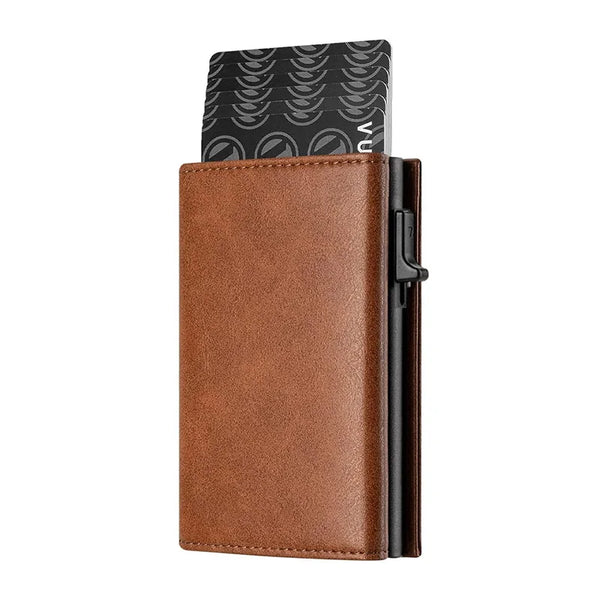 Minimalist Trifold RFID Block Wallet for Men Business Card Holder Pop-Up Pu Leather Metal