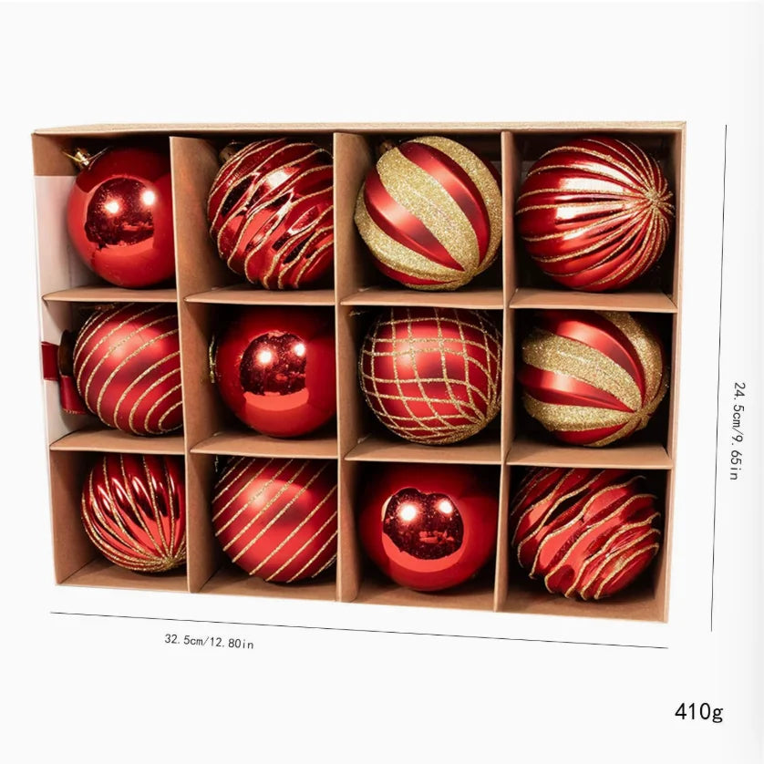 12-Piece Plastic Electroplated Luxury Christmas Ball Set 8cm/6cm Santa Red Gold Green