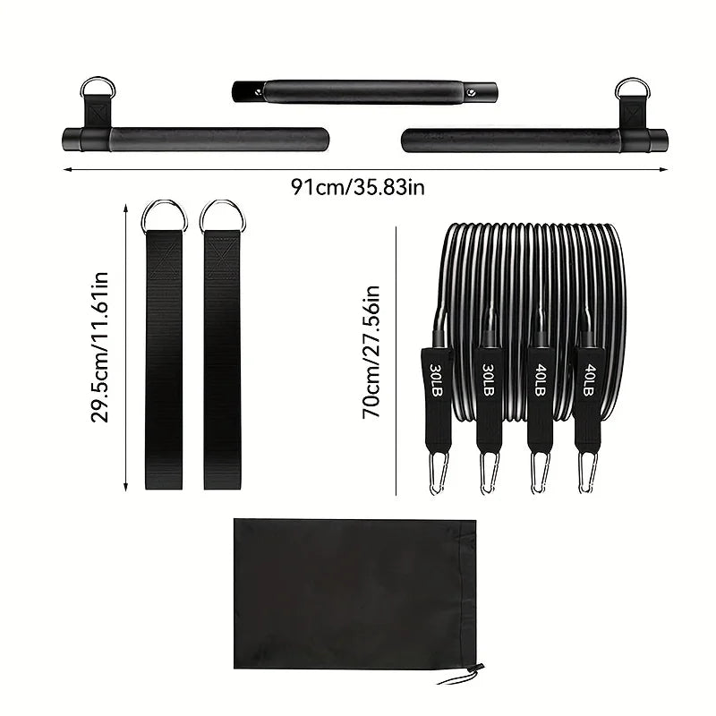Home Gym Workout Equipment 3-Section Pilates Bar Kit with Resistance Bands Stackable