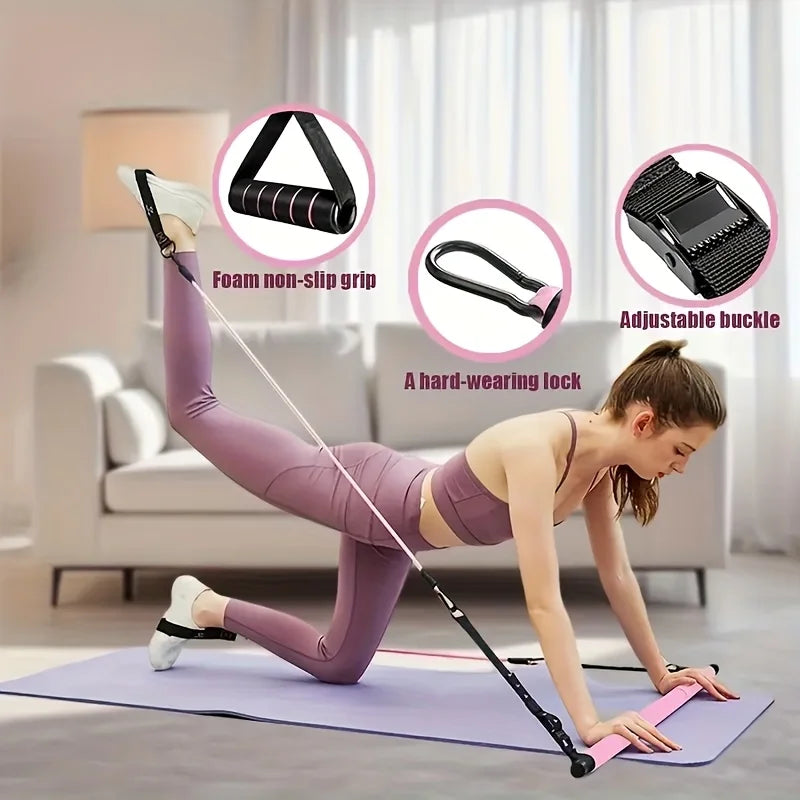 Home Gym Workout Equipment 3-Section Pilates Bar Kit with Resistance Bands Stackable