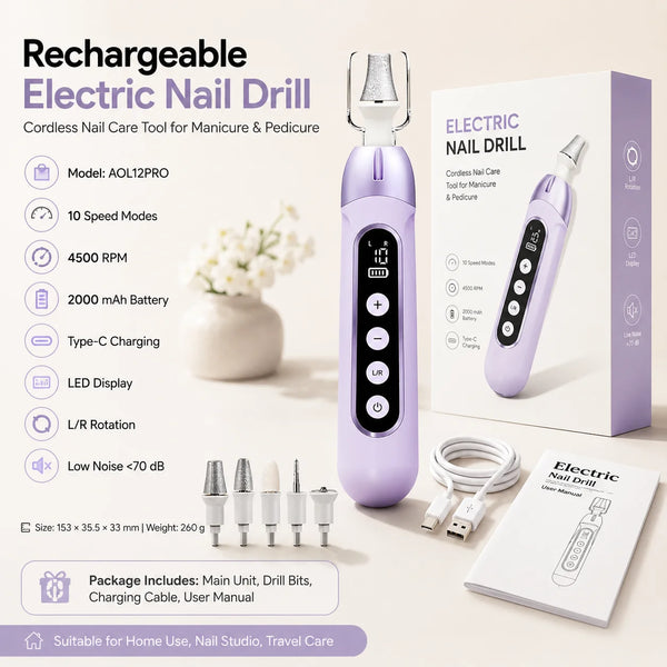 Rechargeable Electric Nail Drill Machine 4500 RPM 2000mAh Cordless E File 10 Speeds Type