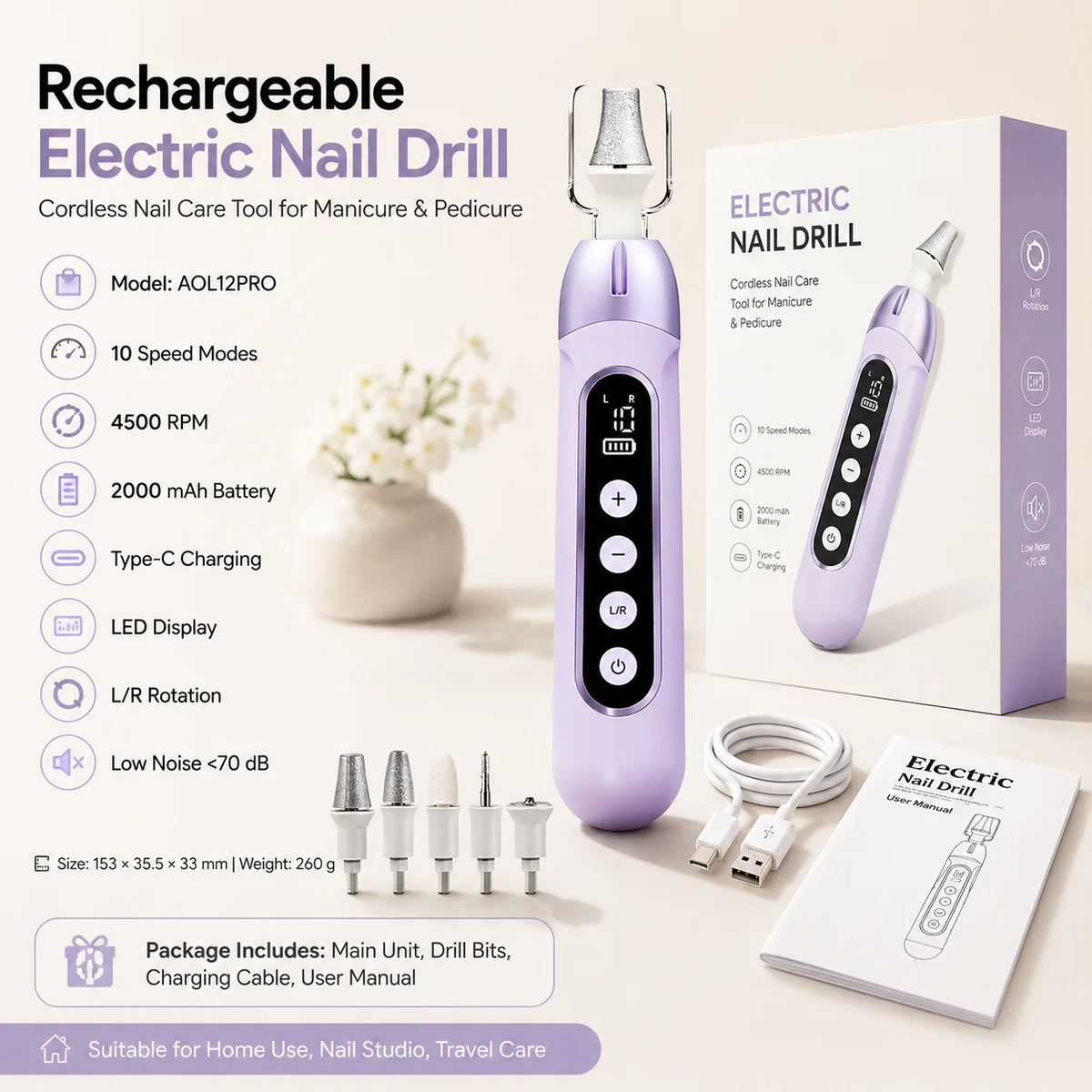 Rechargeable Electric Nail Drill Machine 4500 RPM 2000mAh Cordless E File 10 Speeds Type