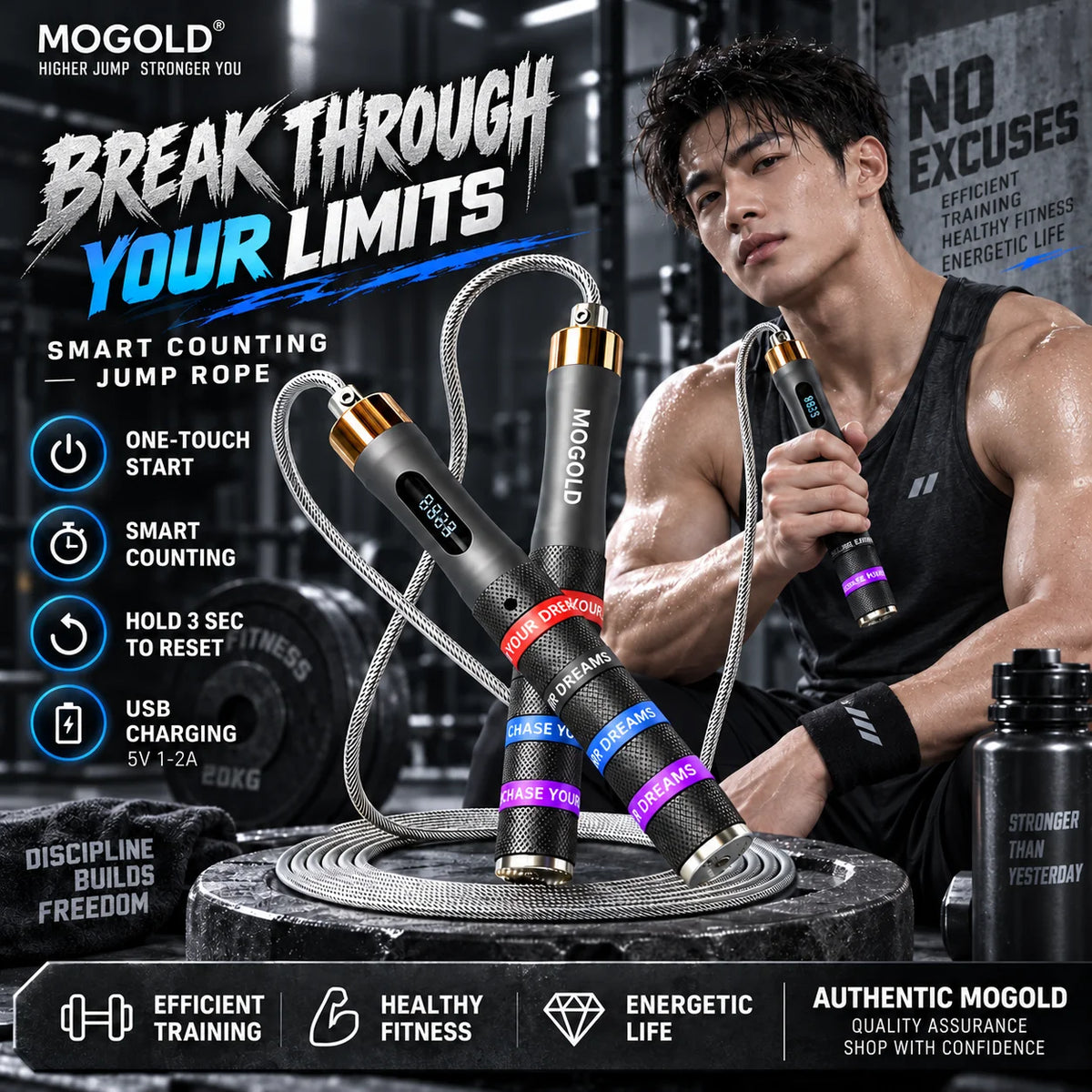 Smart Counting Portable Jump Rope Type-C Rechargeable Metal Handle Digital Speed Skipping