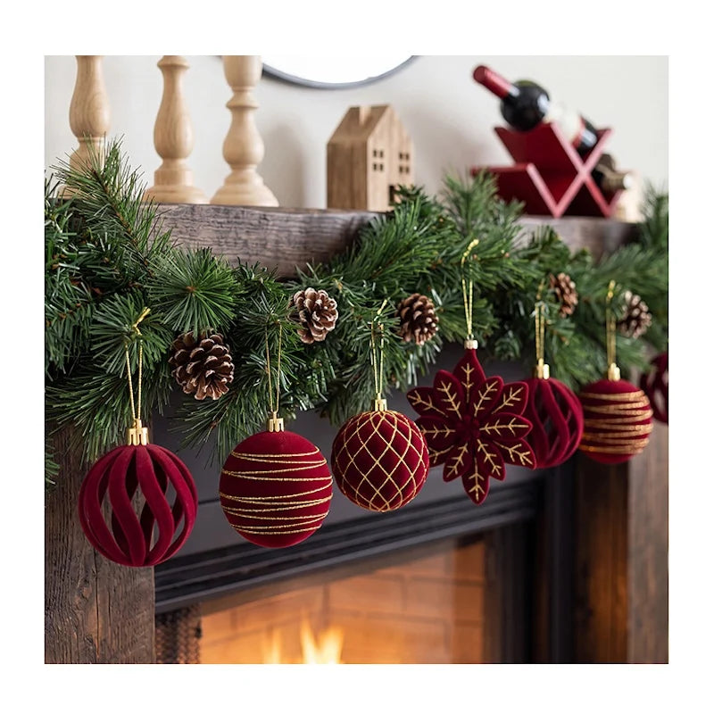 Christmas Ball Ornaments Set 24PCS Burgundy Velvet Christmas Baubles with Glitter