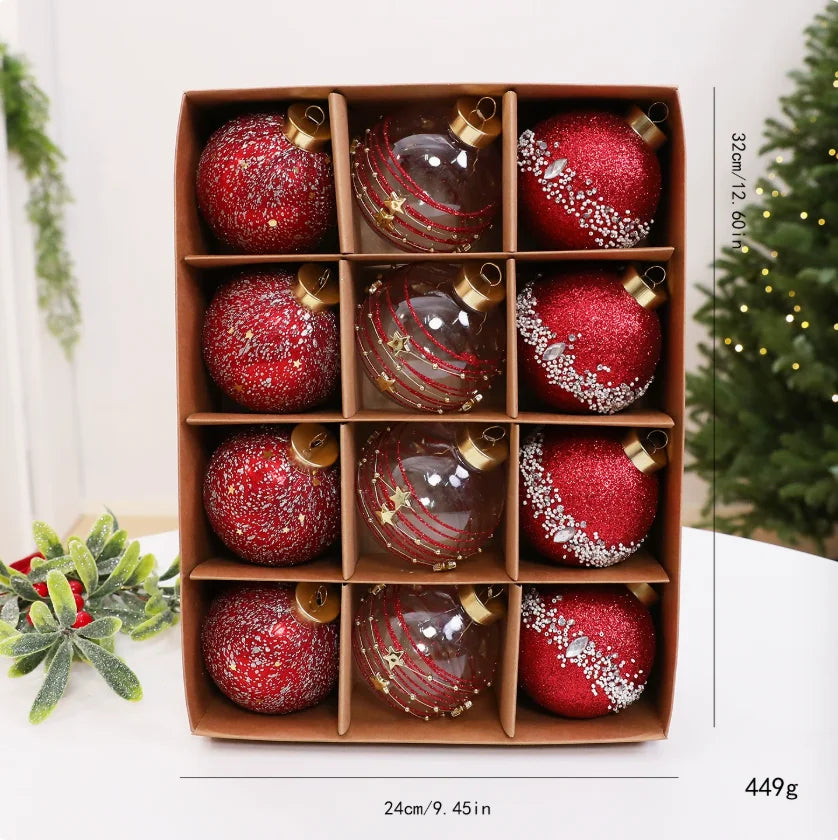 12-Piece Plastic Electroplated Luxury Christmas Ball Set 8cm/6cm Santa Red Gold Green