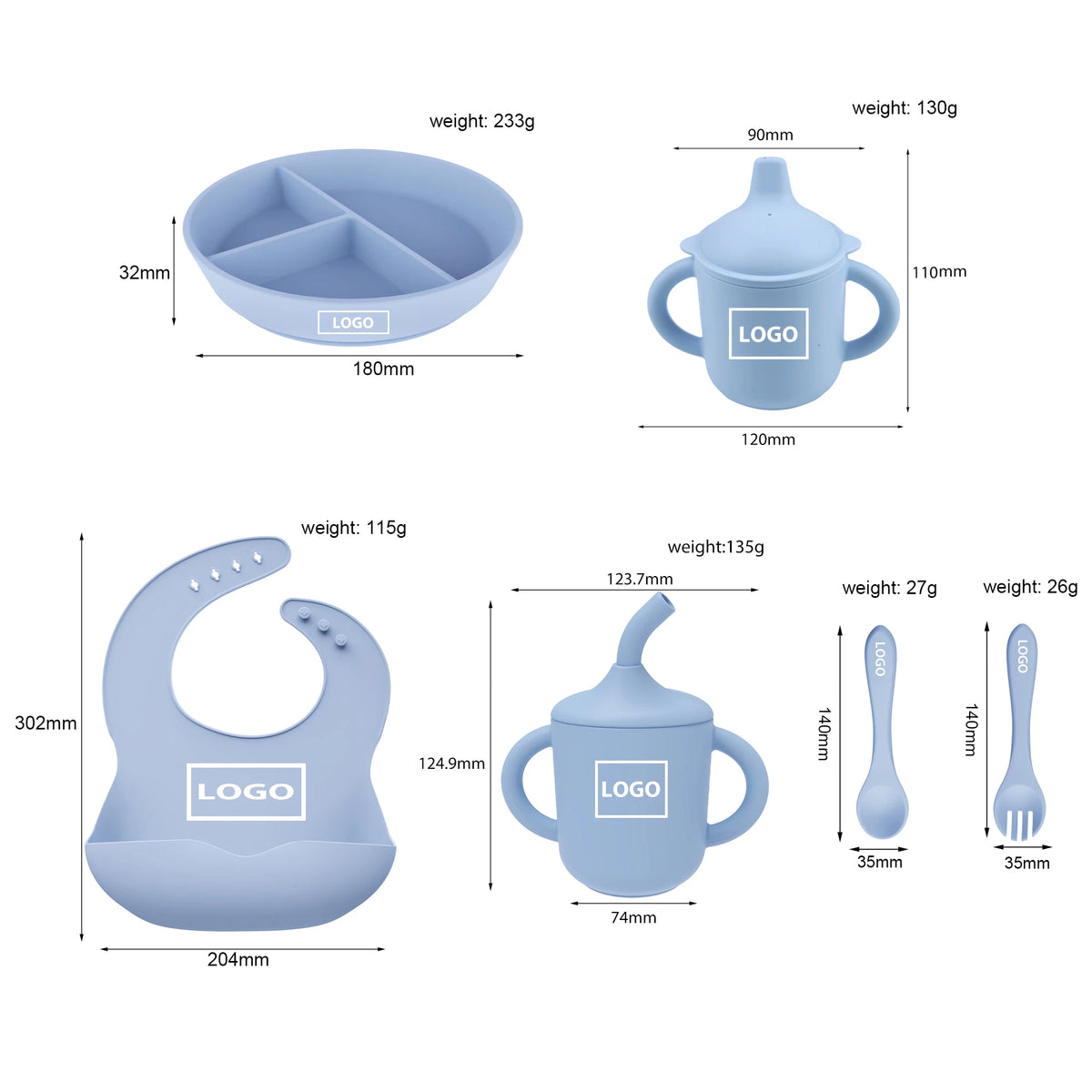 5-in-1 Silicone Baby Feeding Set with Divided Plate, Bowl and Spoon