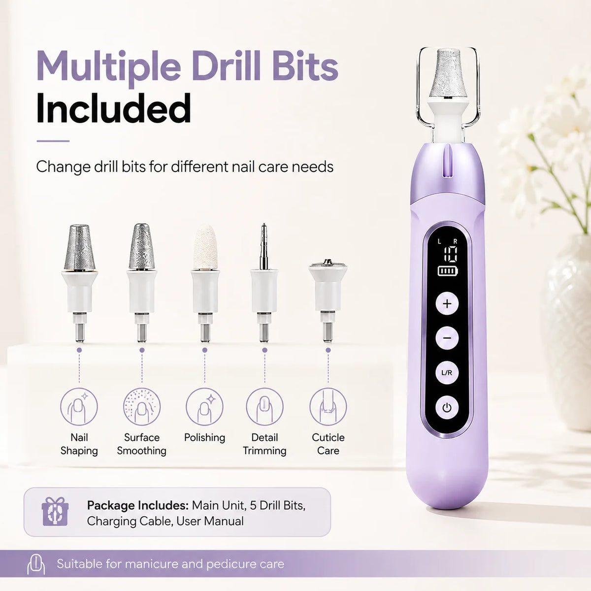 Rechargeable Electric Nail Drill Machine 4500 RPM 2000mAh Cordless E File 10 Speeds Type