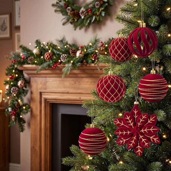 Christmas Ball Ornaments Set 24PCS Burgundy Velvet Christmas Baubles with Glitter