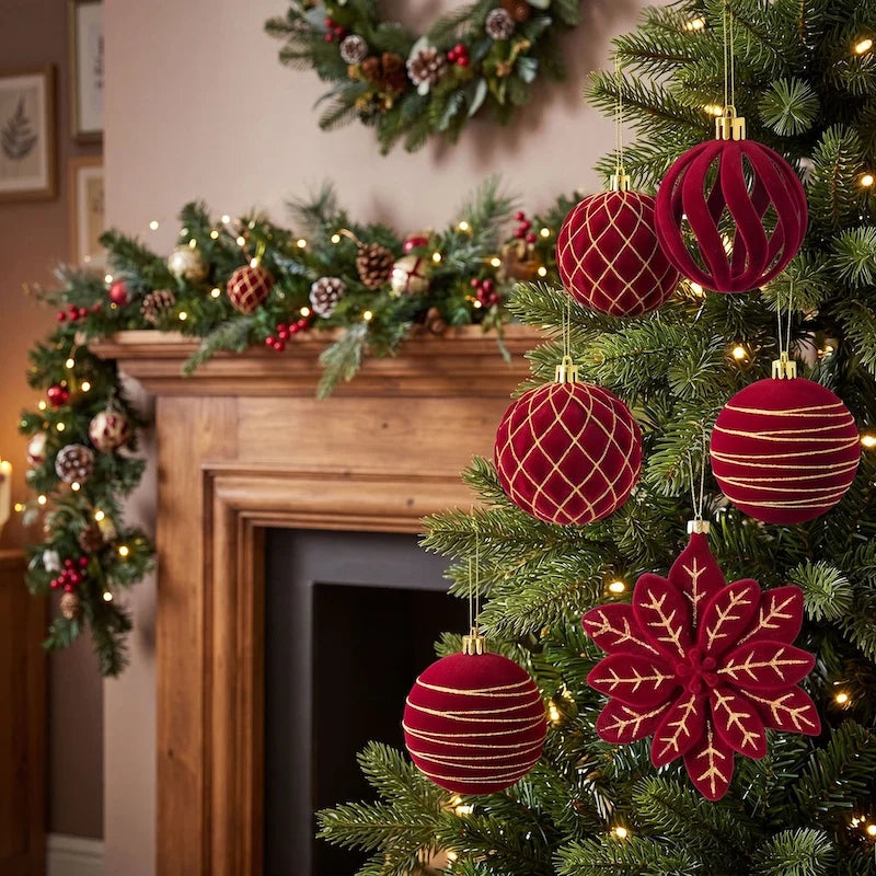 Christmas Ball Ornaments Set 24PCS Burgundy Velvet Christmas Baubles with Glitter