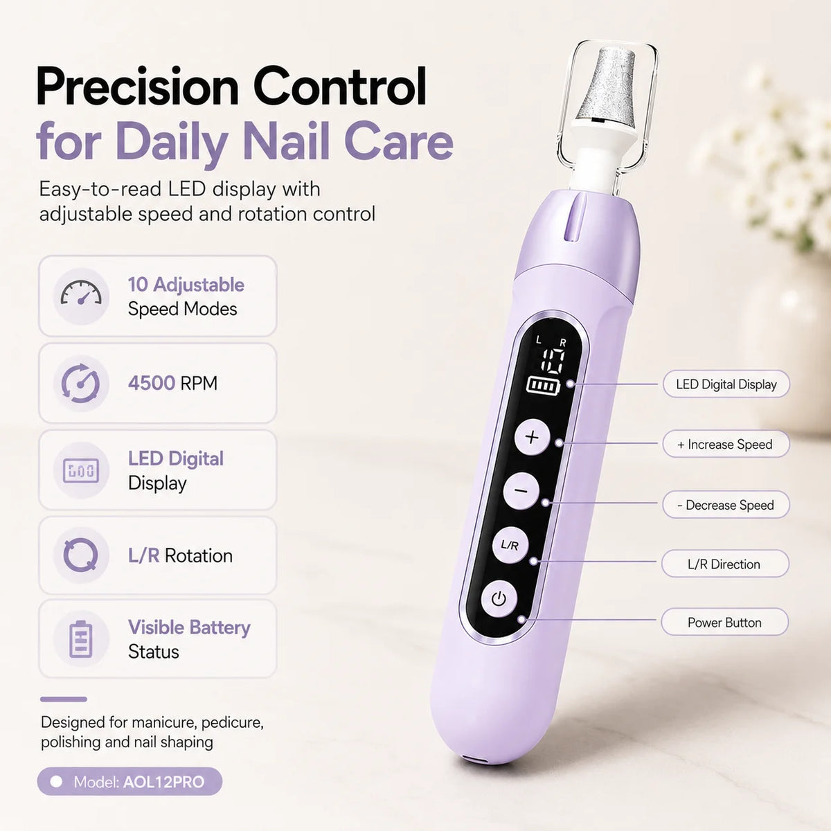 Rechargeable Electric Nail Drill Machine 4500 RPM 2000mAh Cordless E File 10 Speeds Type