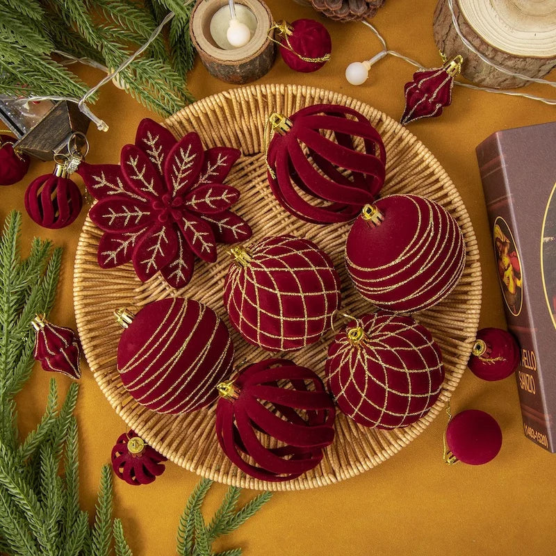 Christmas Ball Ornaments Set 24PCS Burgundy Velvet Christmas Baubles with Glitter