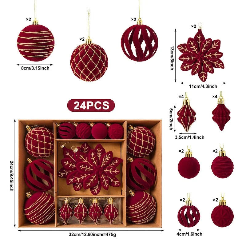Christmas Ball Ornaments Set 24PCS Burgundy Velvet Christmas Baubles with Glitter