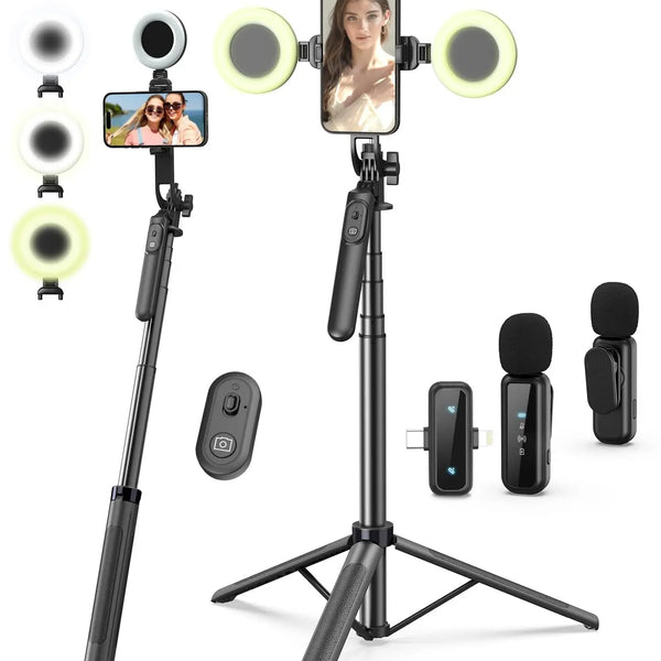 Aluminum Alloy Selfie Stick Tripod Fill Light Wireless Microphone Remote 360 Rotation