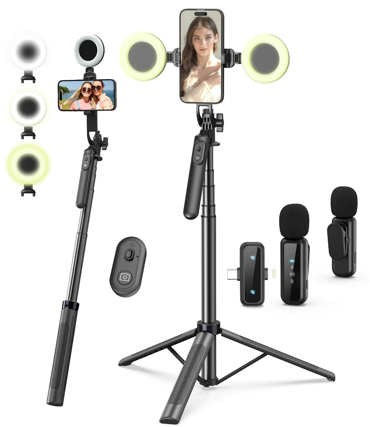 Aluminum Alloy Selfie Stick Tripod Fill Light Wireless Microphone Remote 360 Rotation