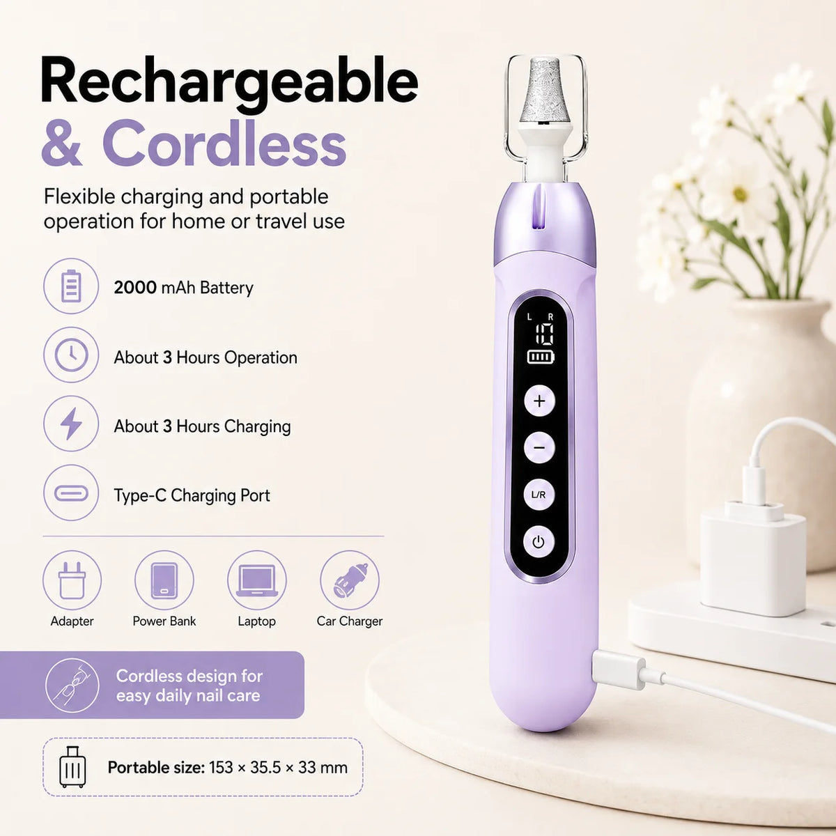 Rechargeable Electric Nail Drill Machine 4500 RPM 2000mAh Cordless E File 10 Speeds Type