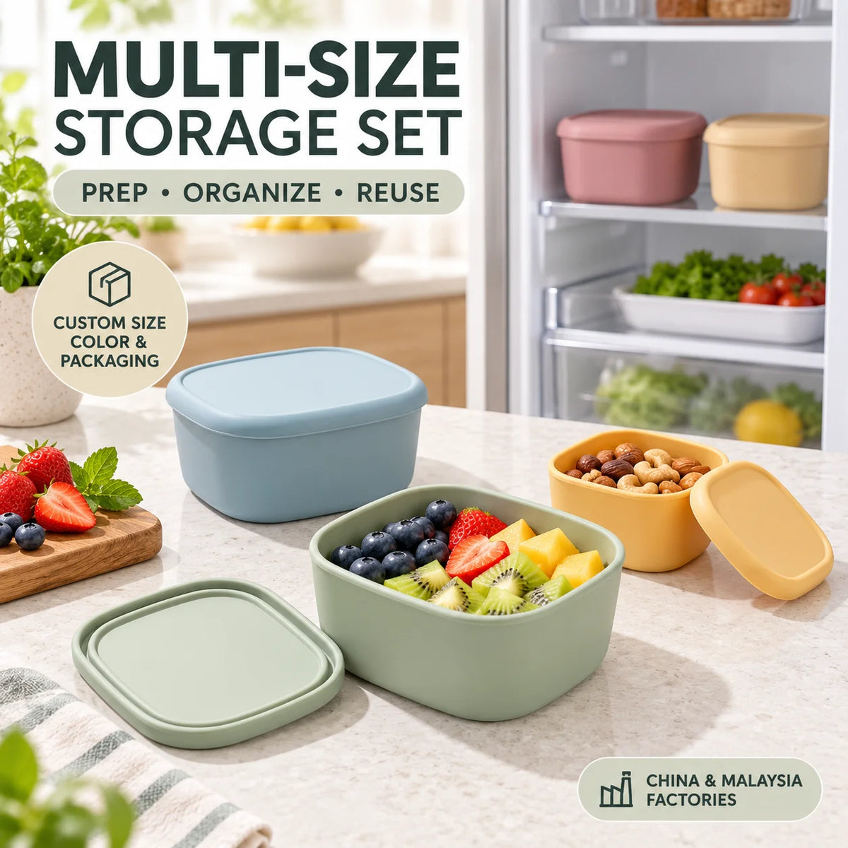 Silicone Rectangular Lunch Bento Box with Freezer and Microwave Safe Lid Heatable Food