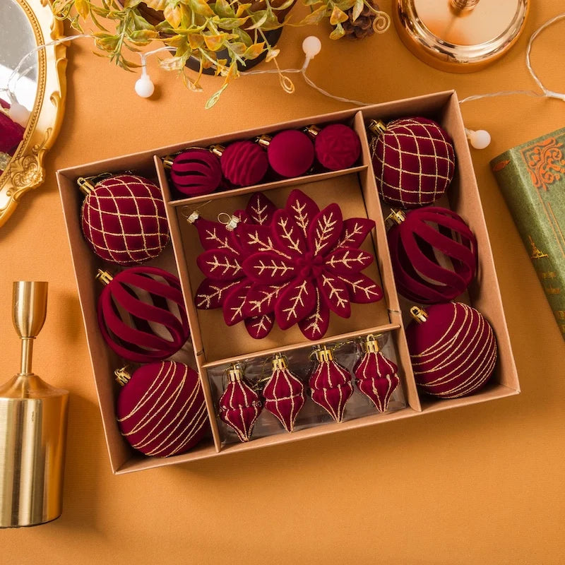 Christmas Ball Ornaments Set 24PCS Burgundy Velvet Christmas Baubles with Glitter