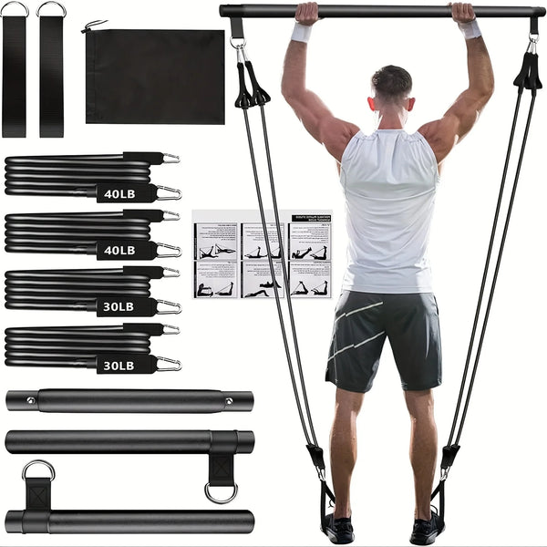 Home Gym Workout Equipment 3-Section Pilates Bar Kit with Resistance Bands Stackable
