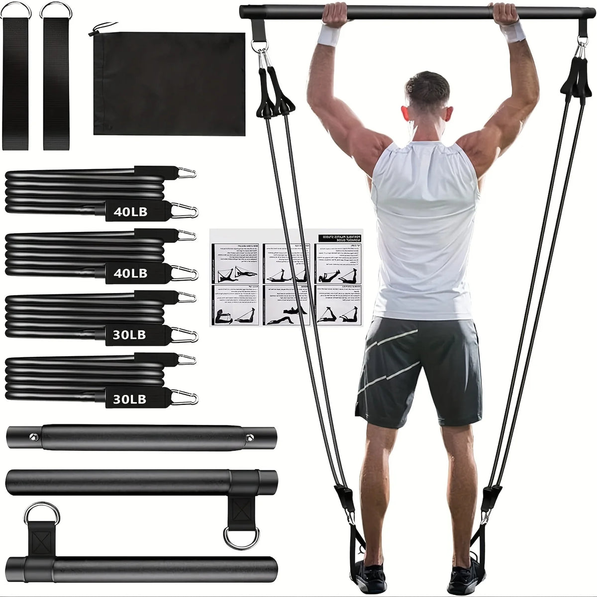 Home Gym Workout Equipment 3-Section Pilates Bar Kit with Resistance Bands Stackable