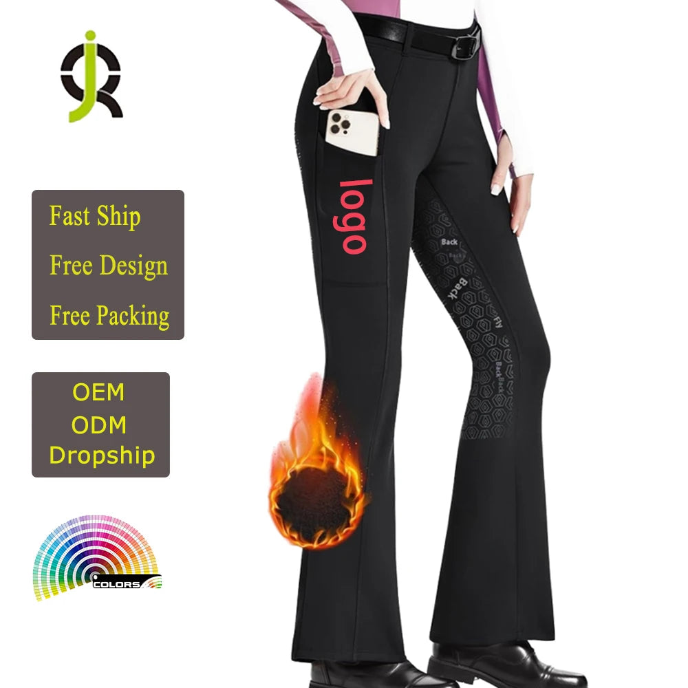 Customized Women'S Equestrian Winter Full Seat Riding Tights Fleece Lined Pockets Flare