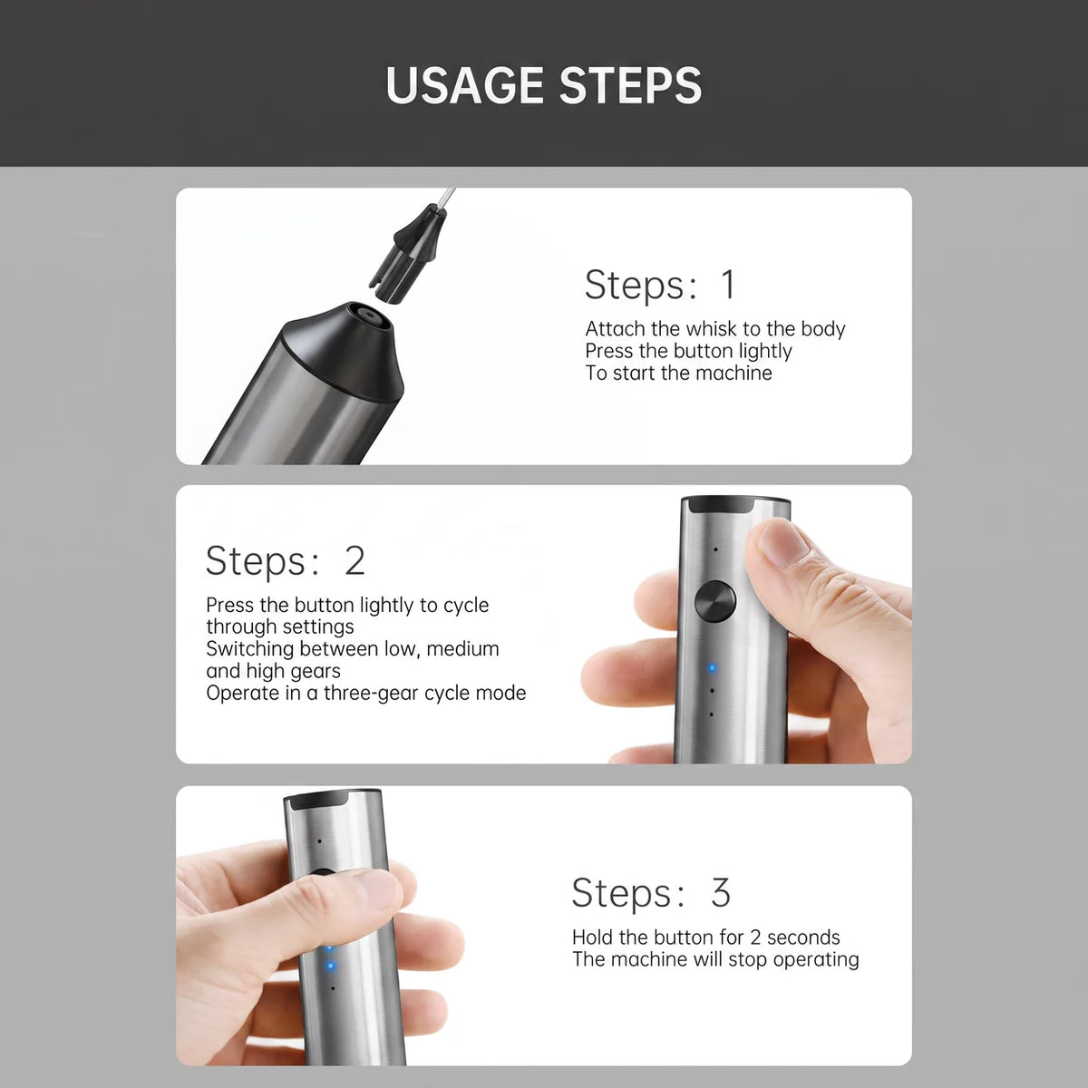 3-Speed Automatic Rechargeable Handheld Electric Milk Frother Dual Whisk Head USB-C