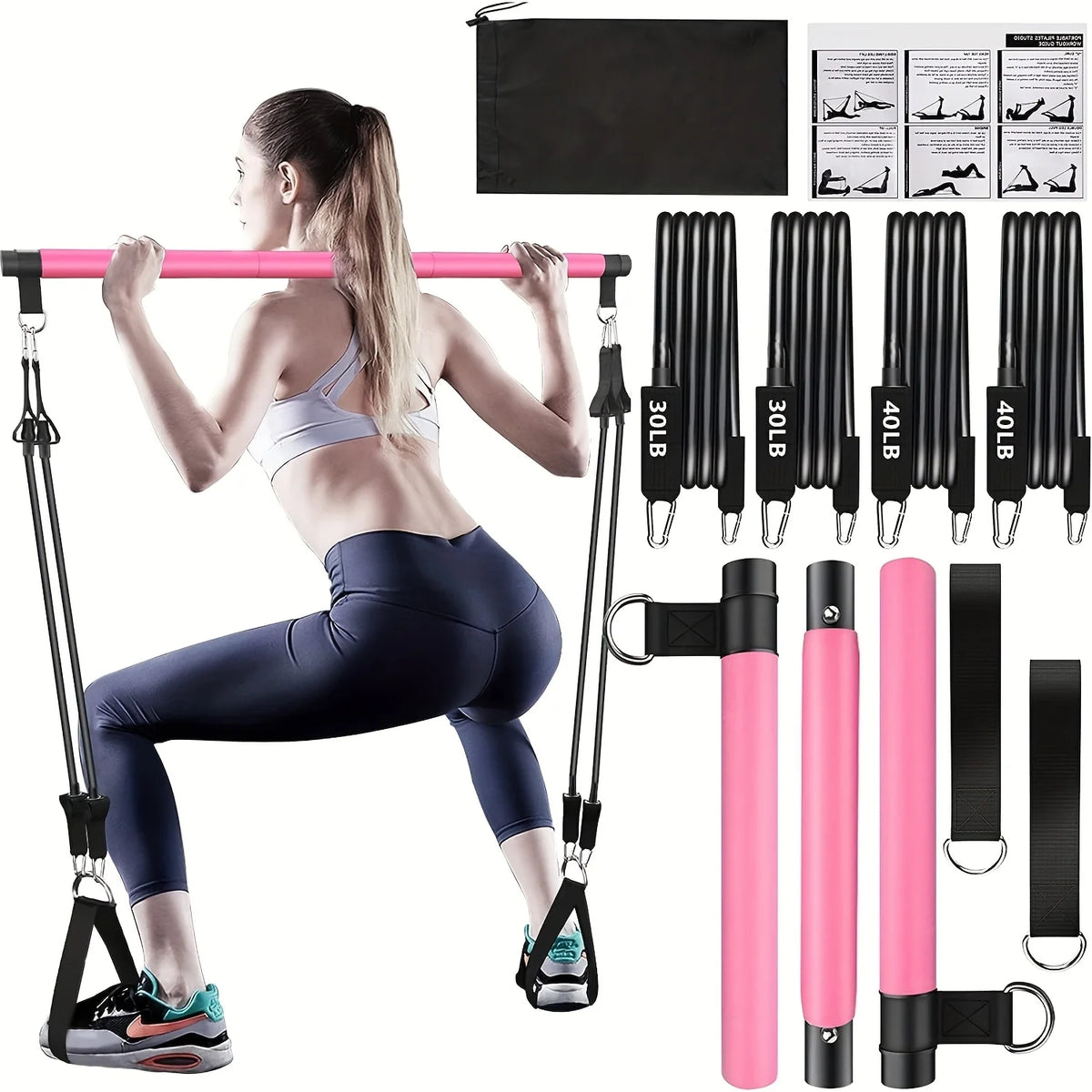 Home Gym Workout Equipment 3-Section Pilates Bar Kit with Resistance Bands Stackable
