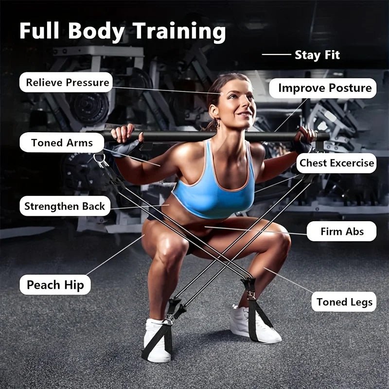 Home Gym Workout Equipment 3-Section Pilates Bar Kit with Resistance Bands Stackable