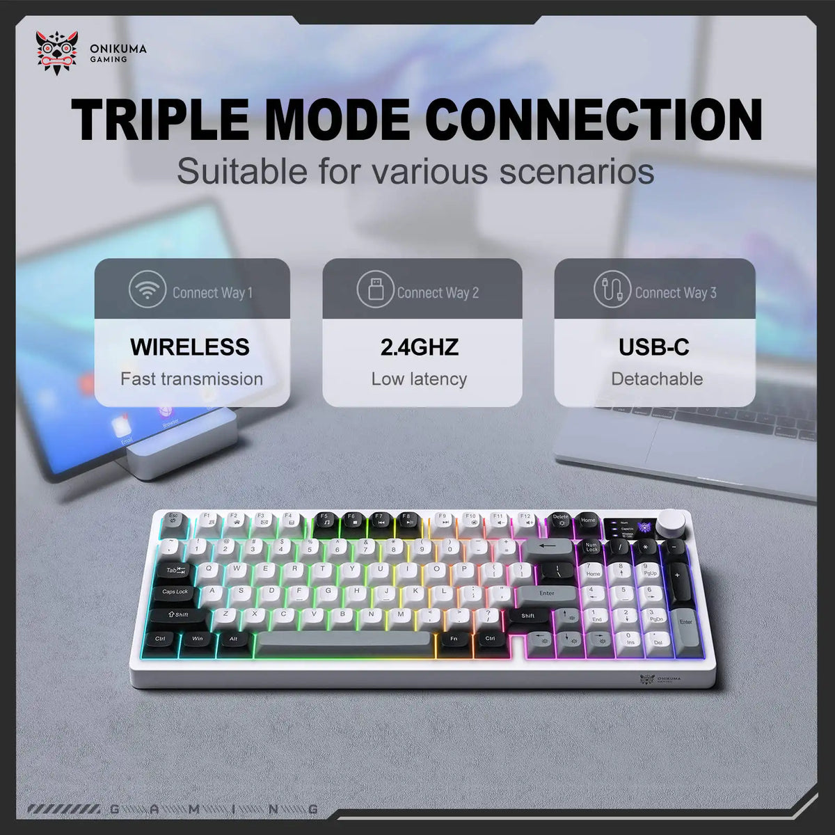 MT902 3-Mode RGB Wireless Mechanical Feel Gaming Keyboard with Multimedia Control Knob