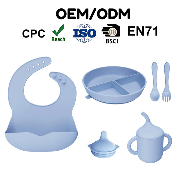 Silicone 5 1 Baby Feeding Set Bowls Plate Spoon Set Divider BPA Free Eco-Friendly
