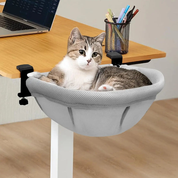 Sturdy Dual Clamps Cat Perch Desk Mounted Cat Bed Sleep Area Breathable Mesh Fabric Cover
