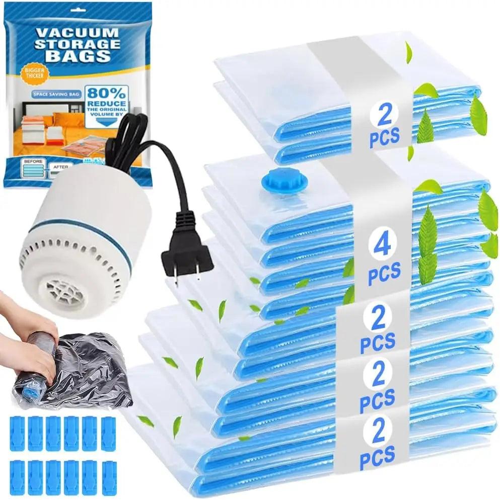 Q-12pcs Portable Vacuum Storage Bag With Pump for Bedding Clothes Stock Space Saver (Pack of 2)