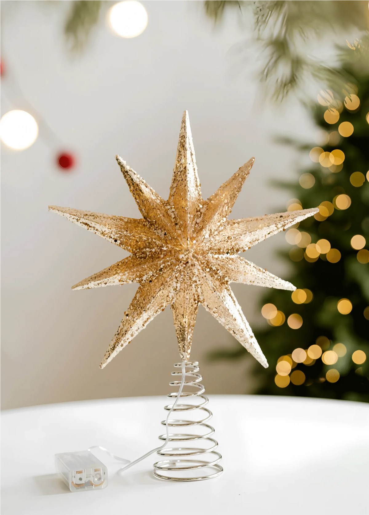 Glowing Christmas Tree Toppers LED Light Up Glitter Gold Silver 10-Point Star Treetop