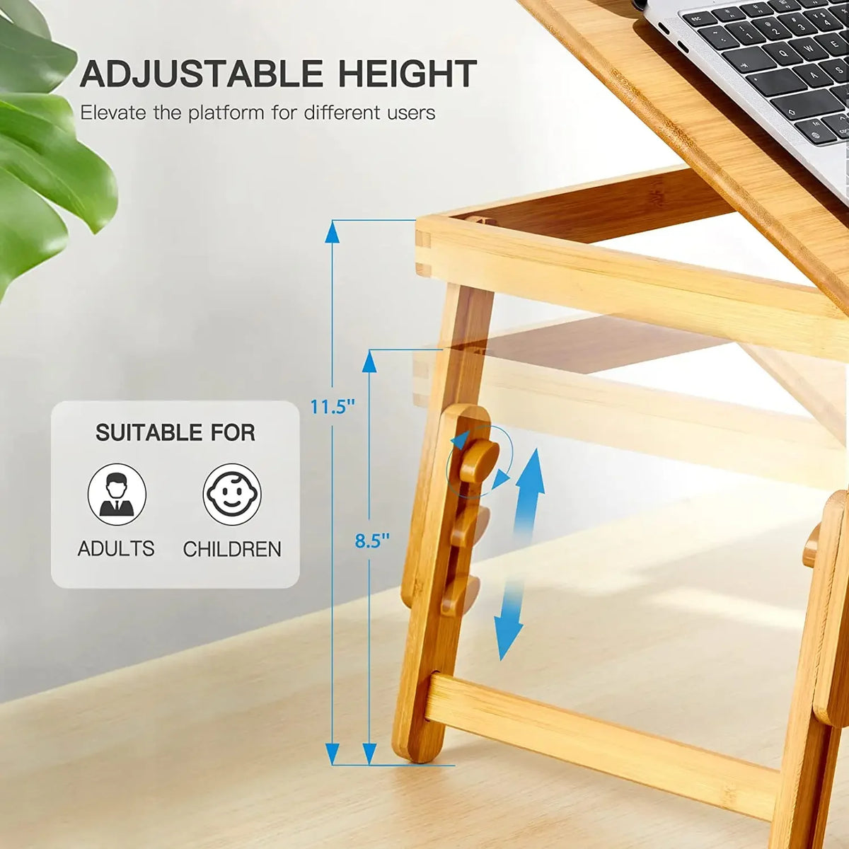 Foldable Bamboo Laptop Stand Adjustable 5-Height Tilt Riser with Docking Station for Desk