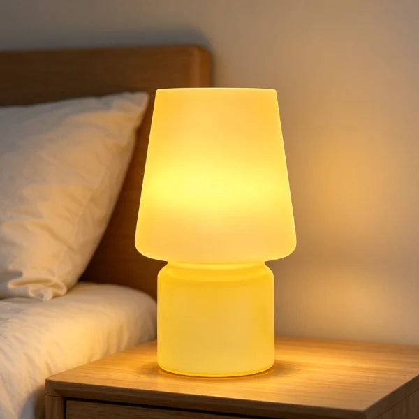Vintage Mushroom Table Lamp, Cream White Glass Shade, USB Rechargeable, Bedroom Bedside