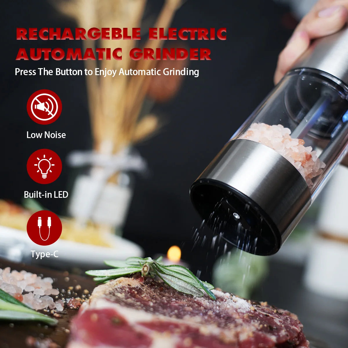 Electric Pepper Mill Salt Grinder Stainless Steel Rechargeable USB Automatic Electric