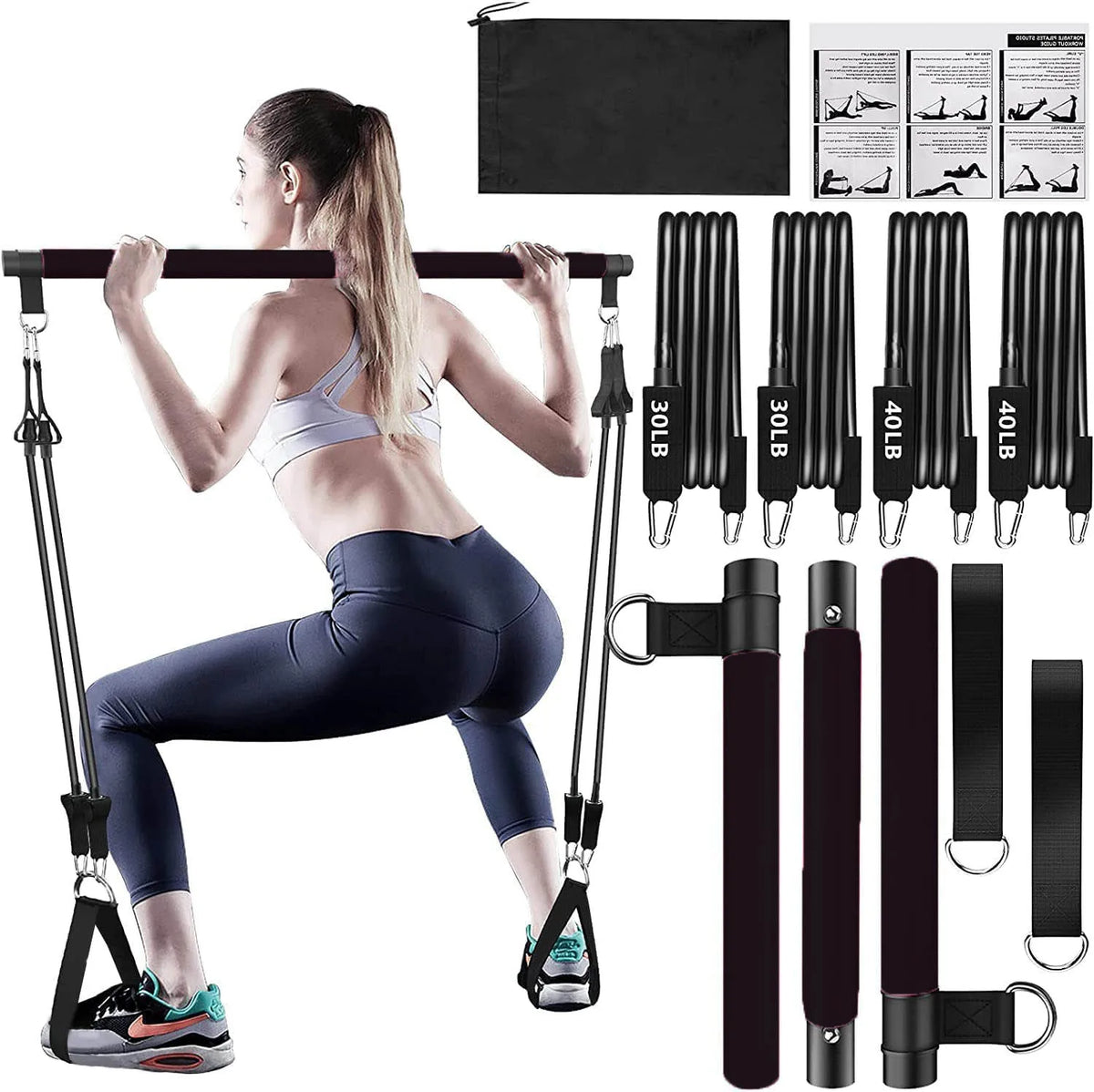 Home Portable 3 Sections Pilates Bar Kit with Resistance Bands for Men and Women Home Gym