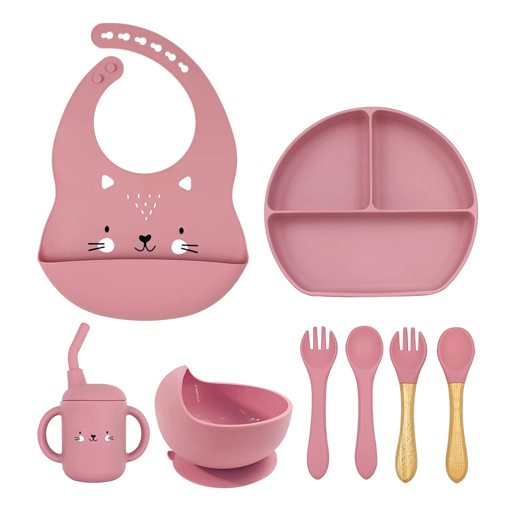 8pc Bebe Silicone Feeding Set Toddler Weaning Set Suction Bottom Infant Dining Tableware
