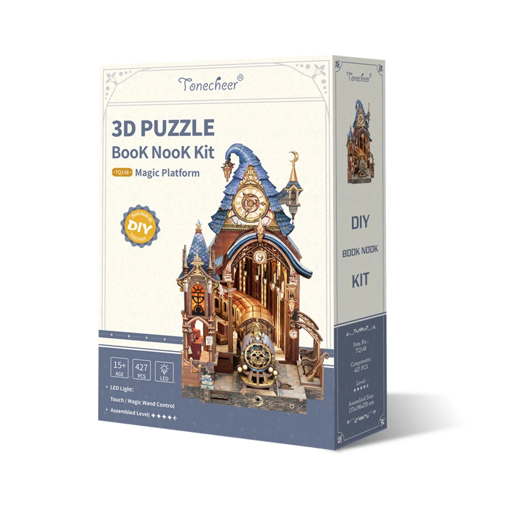 Tonecheer 3D Wooden Puzzle LED Magic Platform Detachable Train DIY Book Nook Kit
