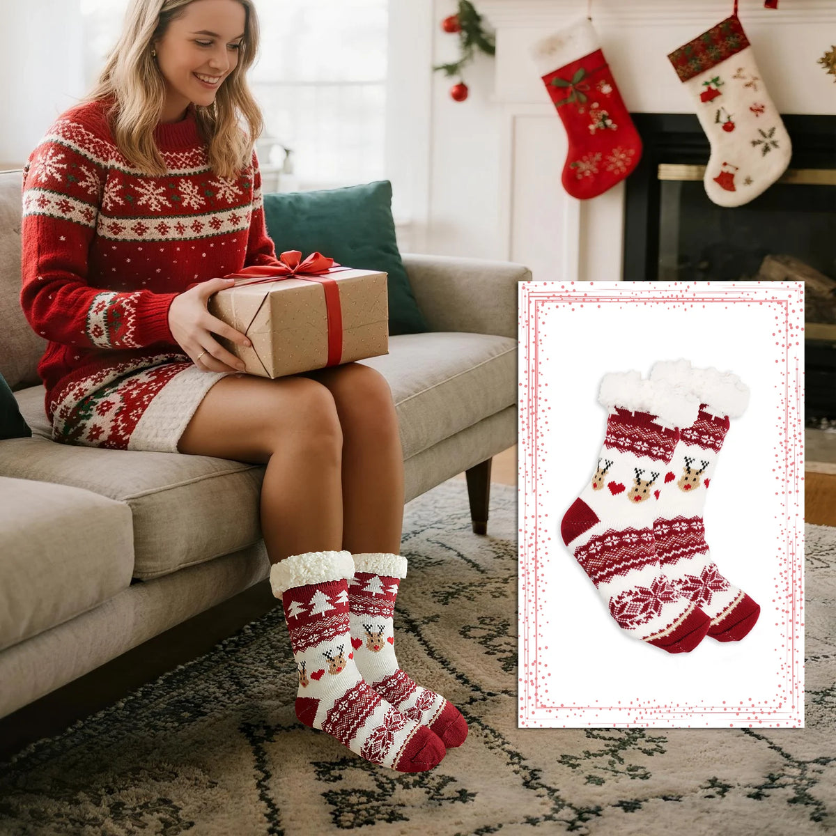 Christmas Stockings Big Size 2-Pack 18-Inch Extra Long Hand-Knitted Cotton Red/Green