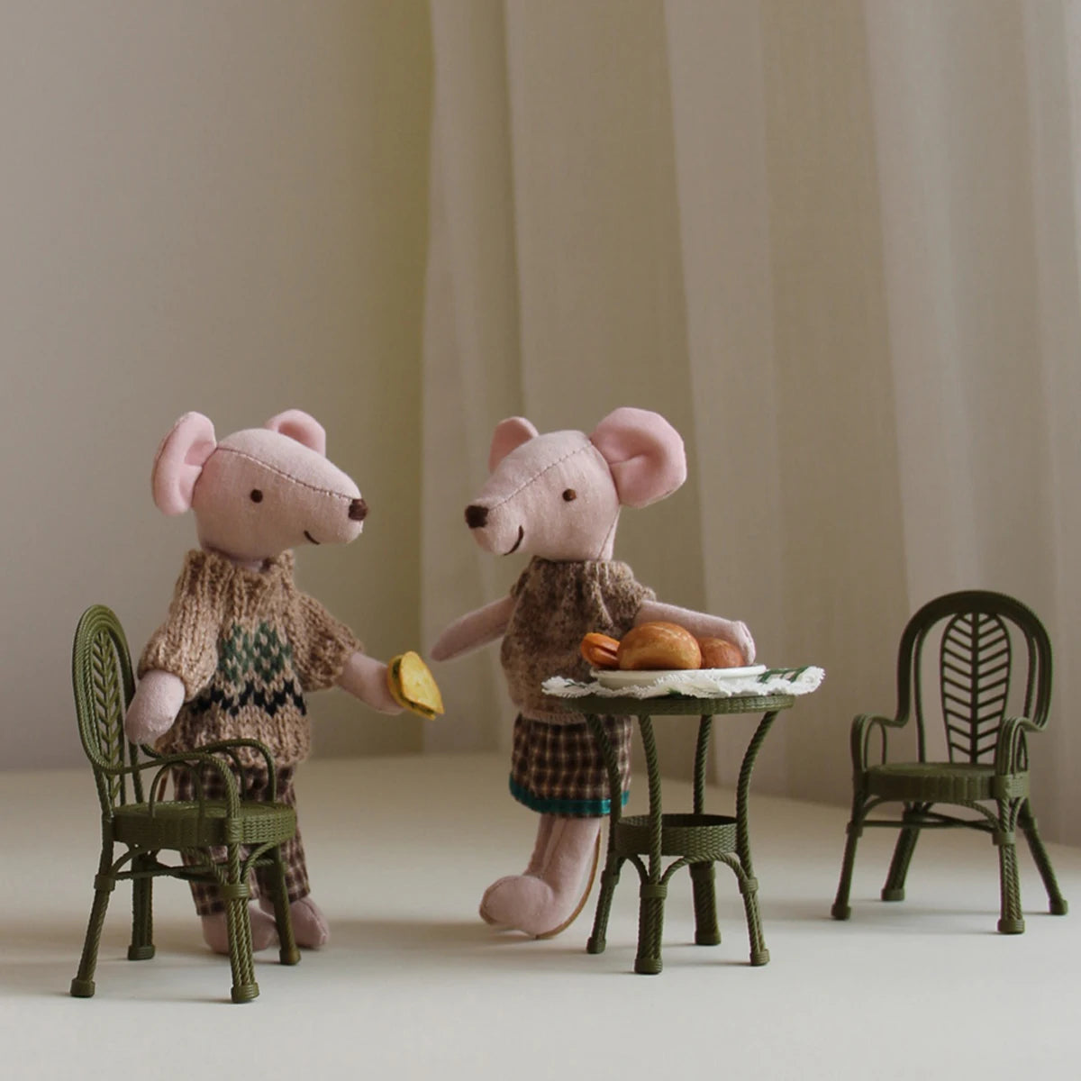 Exquisite Miniature Mouse Dolls in Knitted Outfits with Delicate Micro - Furniture,
