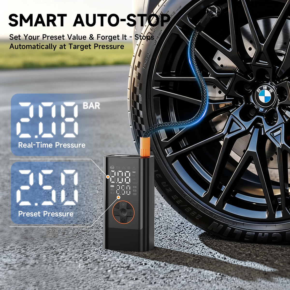 3000mAh Wireless Air Pump Tire Inflator 19mm Cylinder 150 PSI Digital Display Auto Stop