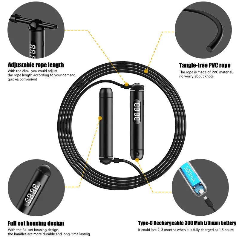 Electronic Metal Digital Skipping Rope With Adjustable PVC Wire Cordless Ball Smart Jump