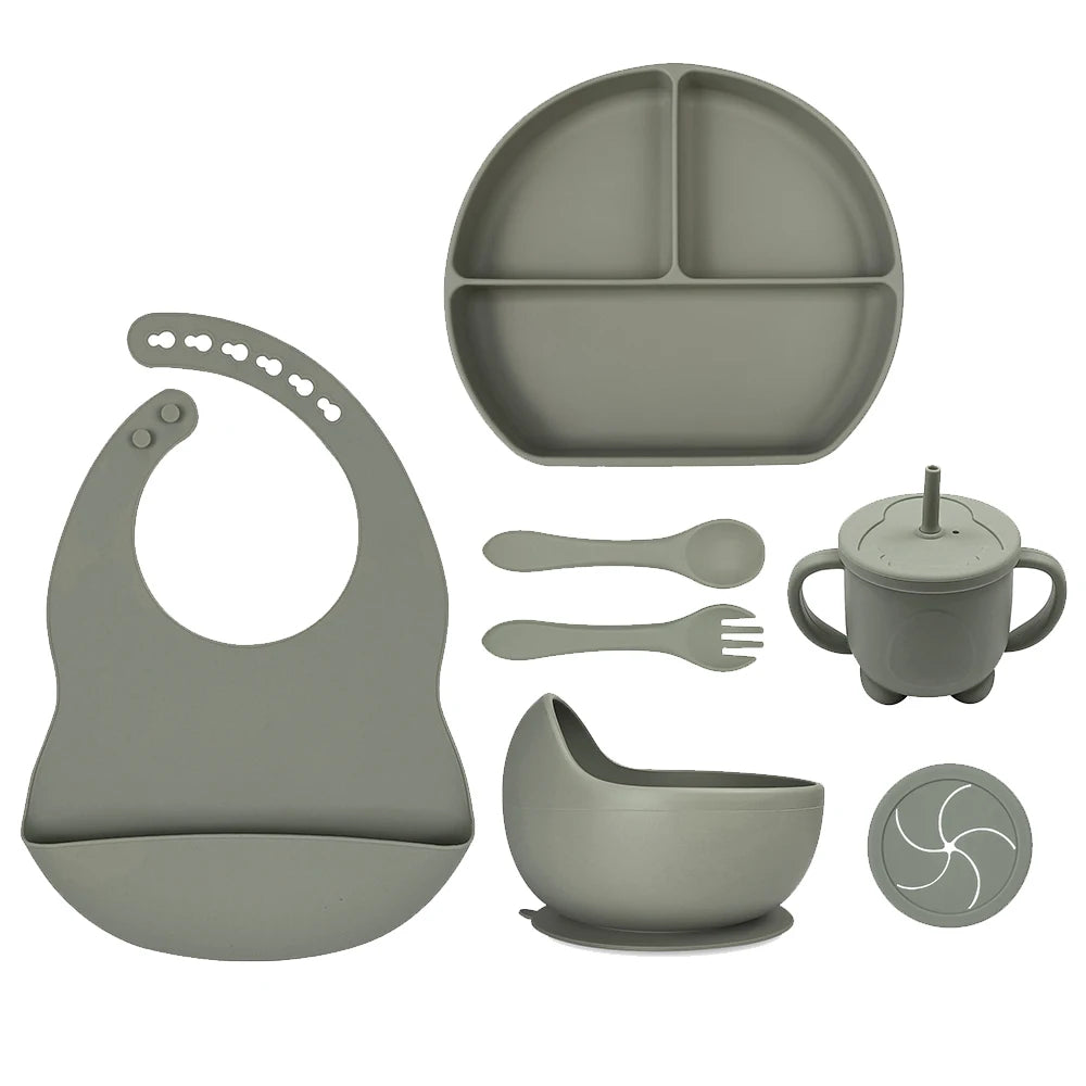 8pc Bebe Silicone Feeding Set Toddler Weaning Set Suction Bottom Infant Dining Tableware