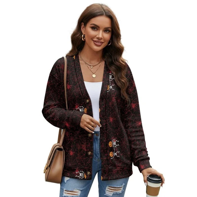 Women'S Breathable Thin Polyester Knit Cardigan Personalized Autumn Halloween Skeleton