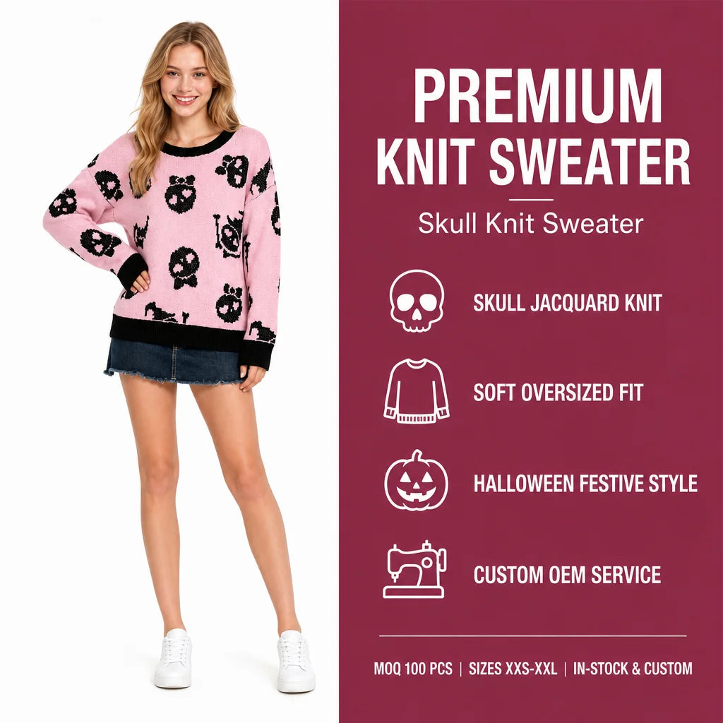 Spooky Women Pink Skull Halloween Sweater Pullover Knit Autumn Winter Crew Neck Long