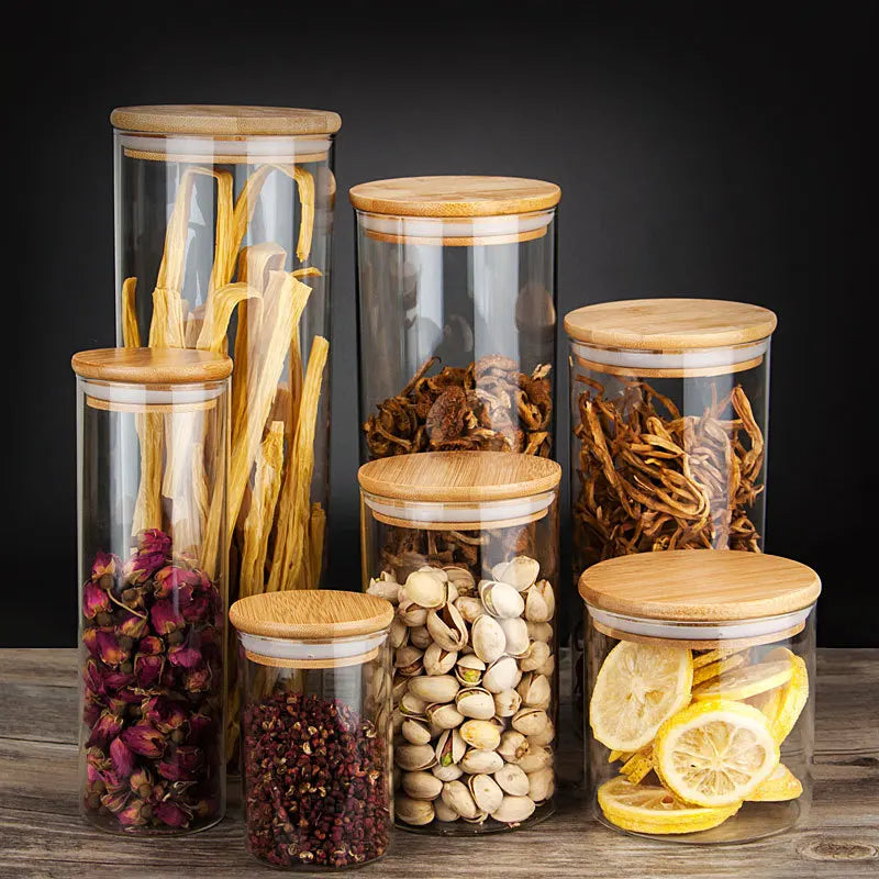 450ml 4 Pack Glass Food Grade Clear Glass Spice Bottle Canister with Airtight Bamboo Lid