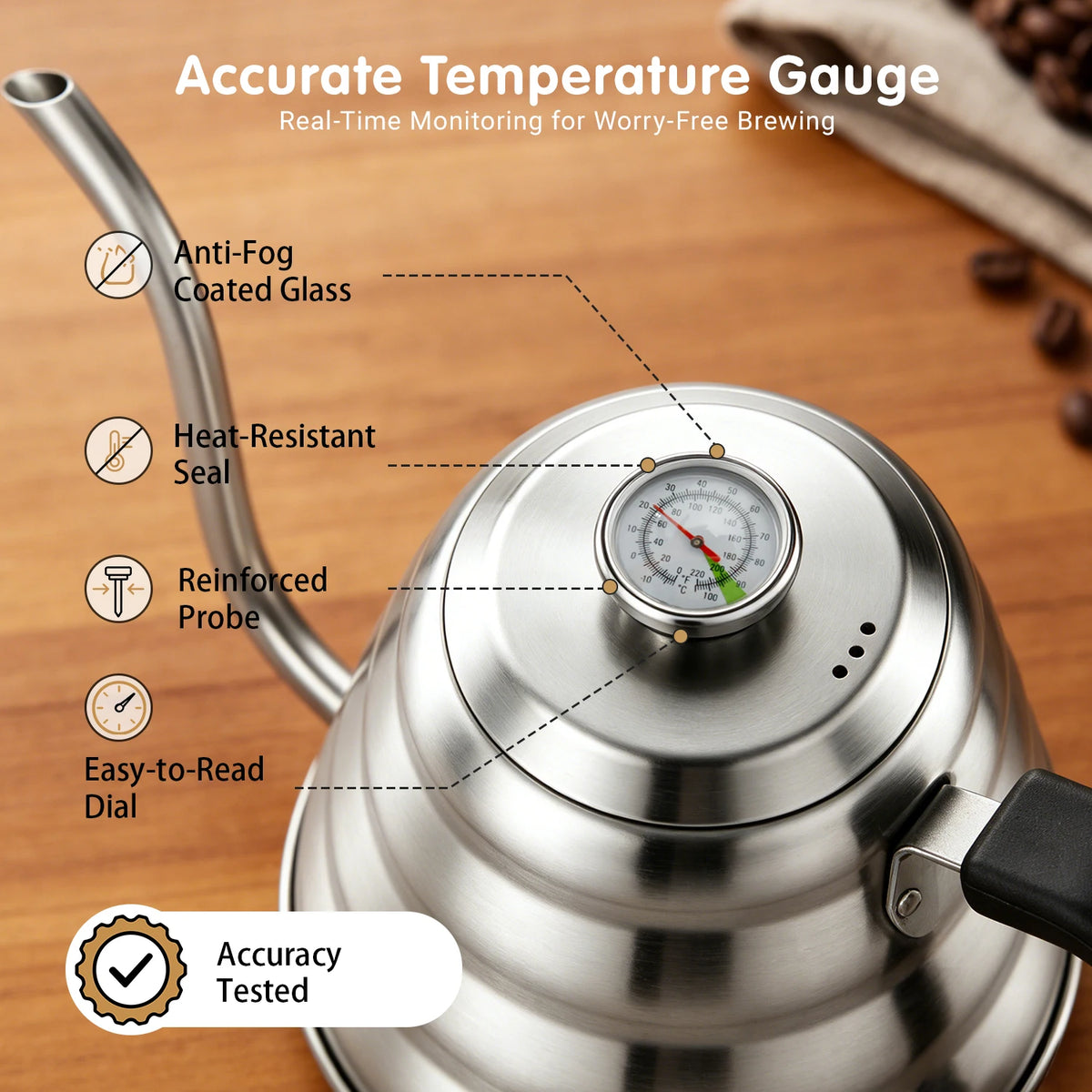 1200ml 304 Stainless Steel Gooseneck Pour Over Coffee Kettle with Built Thermometer