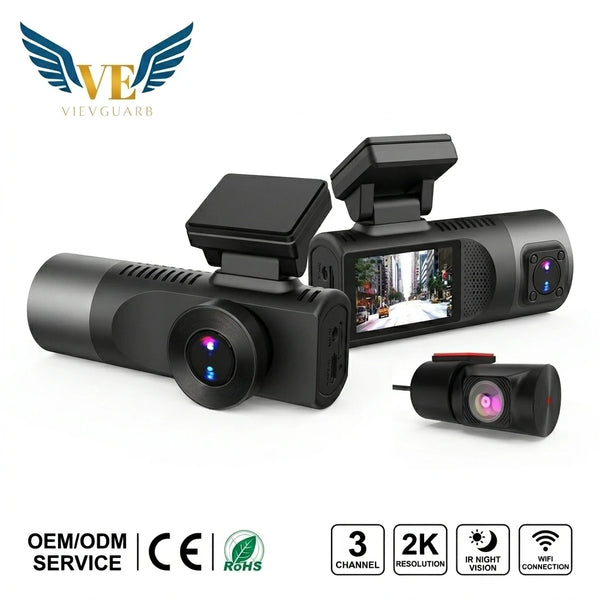 VS105E 3 Lens Black Box 1440P Dash Cam Front Inside Rear 3 Channel Car DVR with 1.97 Inch
