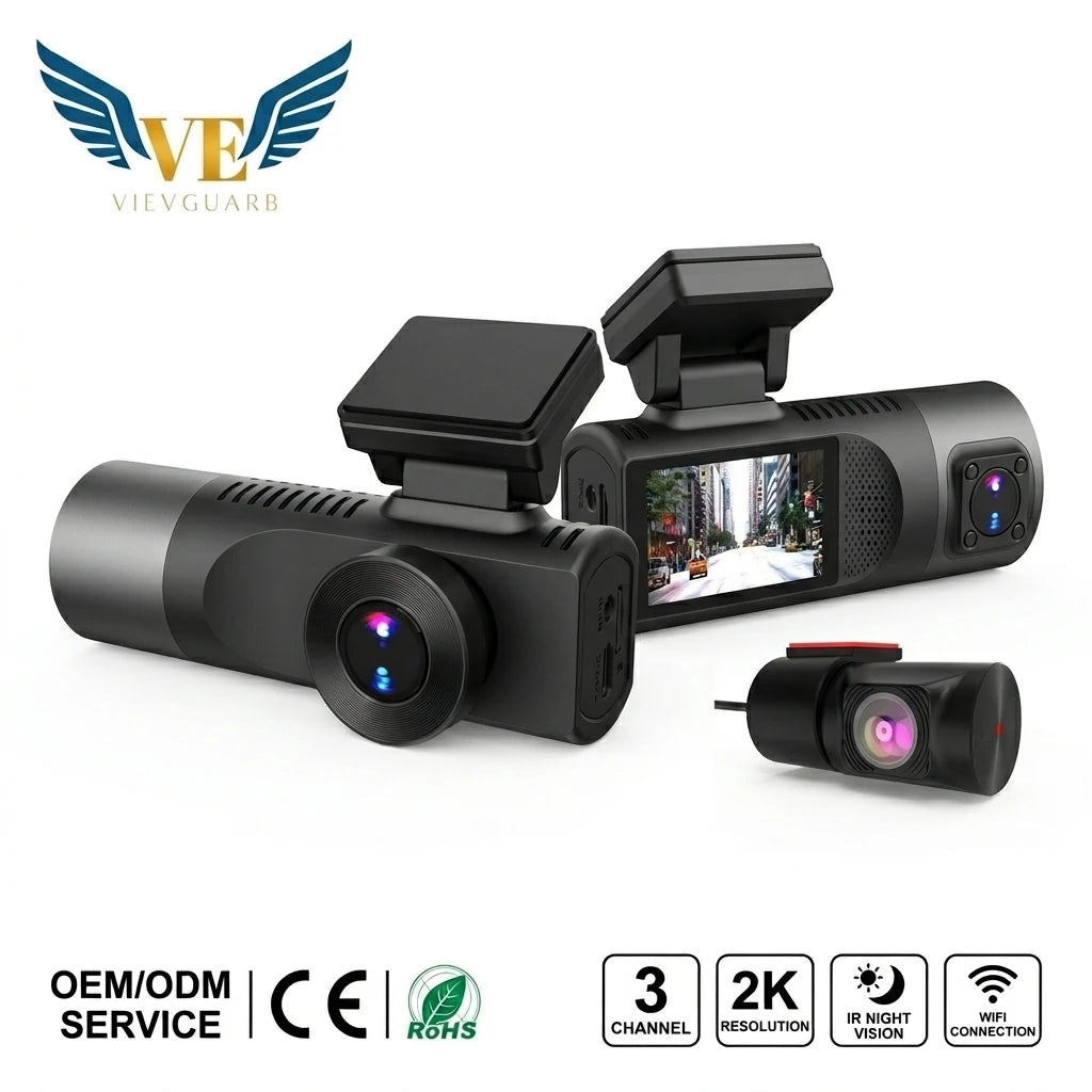 VS105E 3 Lens Black Box 1440P Dash Cam Front Inside Rear 3 Channel Car DVR with 1.97 Inch